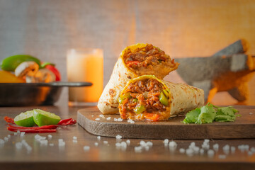 Stacked mexican burrito filled with chilorio sinaloense, veggies and cheese on a wooden board with barley water and ingredients in the background