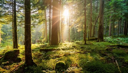 tranquil forest landscape sunlight filtering through serene woods for a peaceful nature adventure