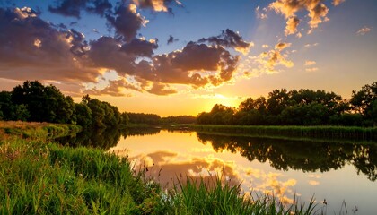 Sunset River Reflection Landscape.