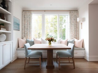 A bright, airy, light-filled sunroom dining nook boasts soft pastel colors and natural light.