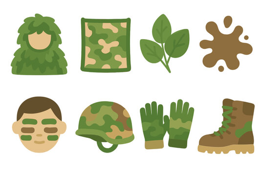Children's Camouflage Icons. Flat vector mini-illustrations camouflage patterns in colors children's illustrations: ghillie suit,