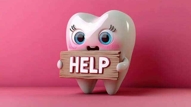 Cute cartoon tooth holding help sign on a pink background