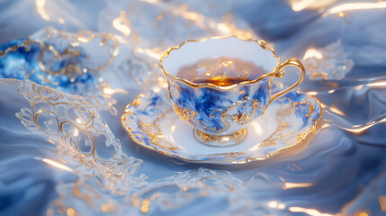 Fototapeta premium Abstract baroque-inspired composition of tea cups and scones swirling in jewel-tone blues, ruby reds, and gold accents, painterly brushstrokes with ornate lace textures, AI generated