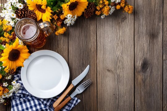 Oktoberfest table displays beer mug plate fork knife autumn flowers rustic wood copy space.