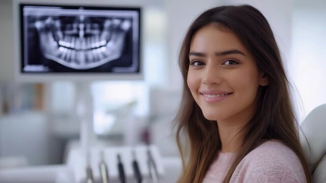 Young hispanic woman in dental clinic with x-ray display in background