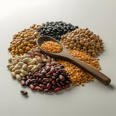 Obraz premium An overhead, flat-lay photograph of a variety of dry legumes and grains arranged in separate, neat piles on a light-colored surface. The piles include dark red kidney beans, split red lentils, yellow 