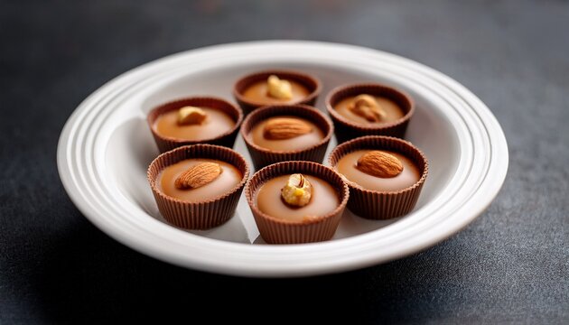 close up of chocolate cups filled with caramel and nuts in a white bowl on a dark surface
