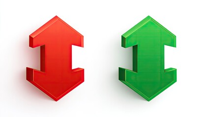 Two 3D arrows, one red and one green, point upwards against a white background.  They have a beveled, almost hexagonal shape, and a slightly shadowed appearance, suggesting depth and volume