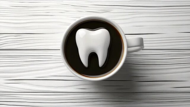Ceramic tooth in coffee mug on white wooden table