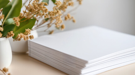 Fototapeta premium Close-up of freshly printed saddle-stitched brochures fanned out on a pale oak table