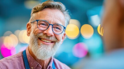 Smiling elderly man engages in conversation at a vibrant social event