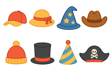 Children's Hat Icons. Flat vector mini-illustrations hat in colors children's illustrations: baseball cap, sun hat, wizard hat,