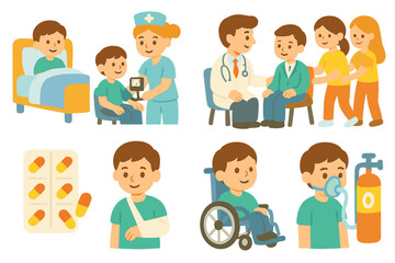 Children's Hospital Icons. Flat vector mini-illustrations hospital patient care in colors children's illustrations: patient in bed