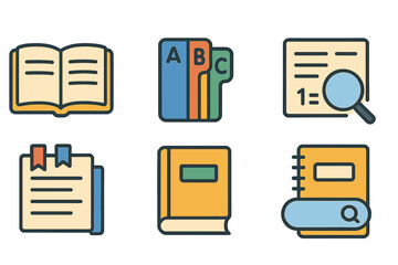 Children's Learning Icons. Flat vector mini-illustrations index in colors children's illustrations: open book with index,