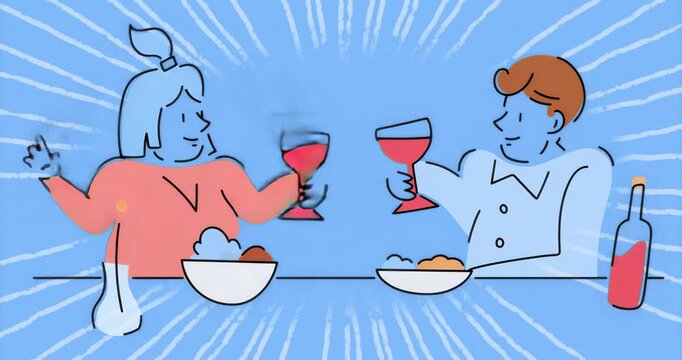 On start animation showing couple waving, lifting wine glasses then sipping, clinking to celebrate