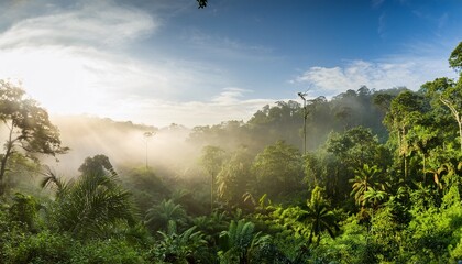misty morning light over dense tropical rainforest landscape