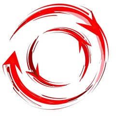 Fototapeta premium Abstract circular design featuring two vibrant red arrows forming a continuous loop, painted with a dynamic, brush-stroke effect against a white background. 
