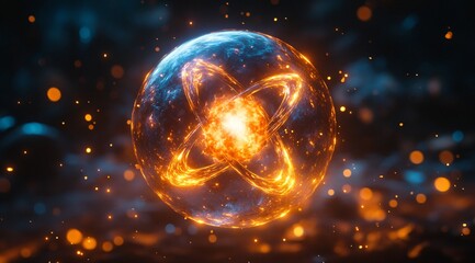 Luminous atomic structure with swirling electron orbits, illustrating energy fields and fundamental physics.