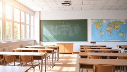 Empty Classroom Ready for Students: Bright and Airy Learning Space