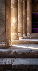 Sunlit Roman ruins columns, ancient temple, Italy. Historical site background, tourism