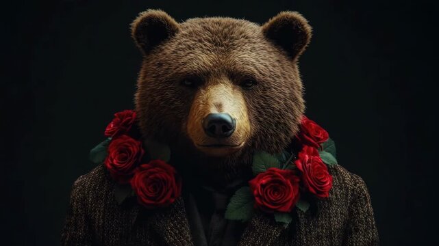 Humanized bear in suit with red roses on dark background