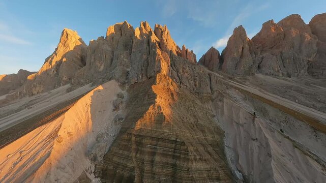 Seceda Mountain shot on FPV drone. Dolomites, Italy