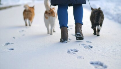Woman walking dogs in winter snow.