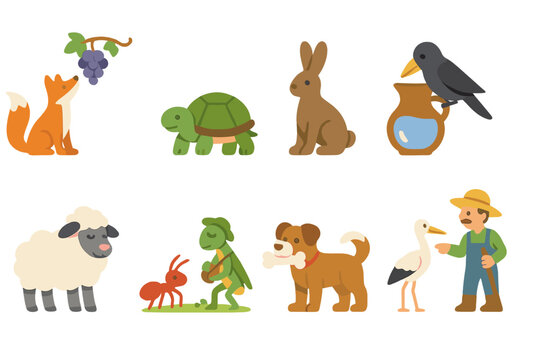 Classic Fables Icons. Flat vector mini-illustrations classic fables in colors children's illustrations: fox and grapes, tortoise