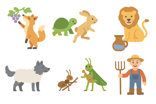 Classic Fables Icons. Flat vector mini-illustrations classic fables in colors children's illustrations: fox and grapes, tortoise