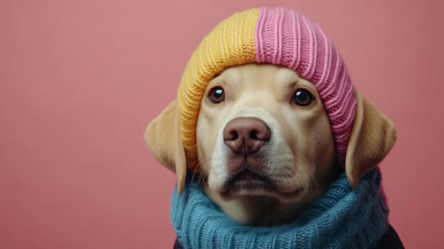 Cute labrador puppy in colorful beanie and scarf against pink background