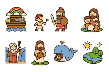 Fototapeta premium Colorful Bible Tales. Flat vector mini-illustrations bible stories in colors children's illustrations: Noah's ark, David and