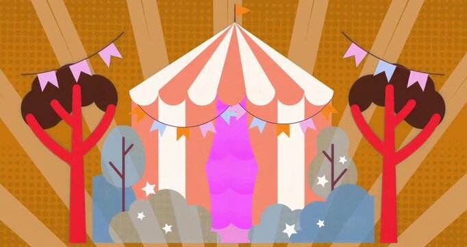 Striped carnival tent framing as magenta shape emerging causing flags fluttering then settling