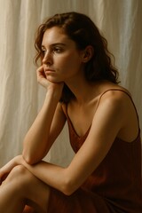 Naklejka premium Thoughtful young caucasian female in brown dress sitting indoors