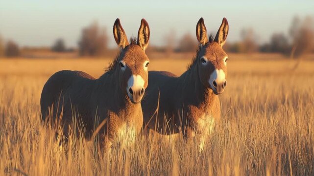 Two donkeys in golden field during sunset