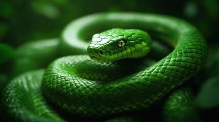 Emerald green snake coiled in lush jungle environment