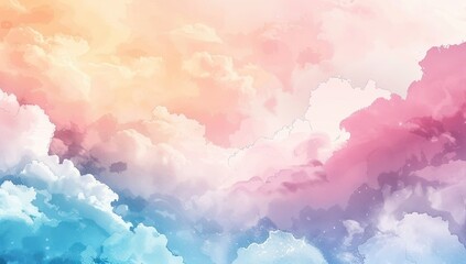 Naklejka premium A dreamy, pastel-hued cloudscape, exhibiting a soft, ethereal quality. Colors transition smoothly from cool blues and teals at the bottom to warm oranges and pinks at the top