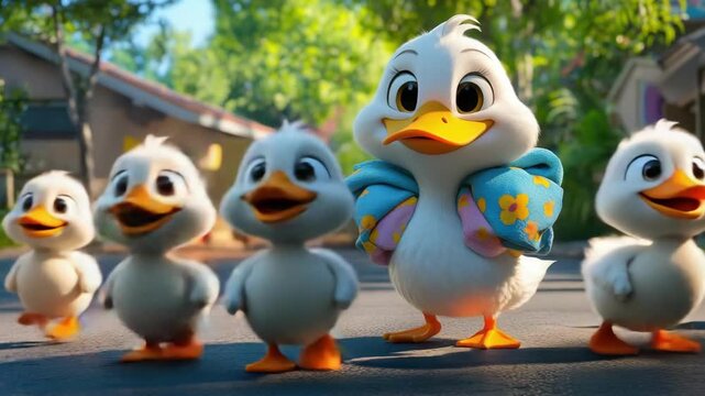Cheerful cartoon duck leading flock on sunny street adventure