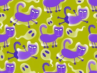 Naklejka premium Halloween animals seamless cats ghost pattern for wrapping paper and fabrics and linens and kids clothes print