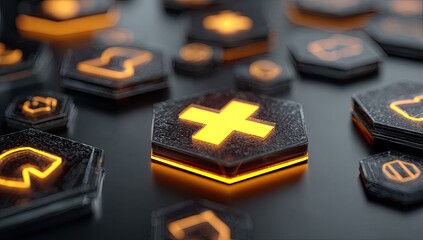 Abstract, futuristic interface with glowing icons.  Dark, hexagonal shapes with illuminated symbols, a plus symbol stands out