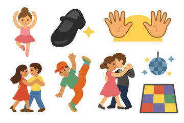 Colorful Dance Steps. Flat vector mini-illustrations dance steps in colors children's illustrations: ballet step, tap dance shoe,