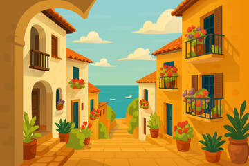 Obraz premium Mediterranean Town street with stone houses, balconies, flowers in pots, sea view and blue sky. Travel tourism background, summer vacation concept, flat cartoon landscape