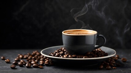 Black coffee cup with roasted beans on dark background
