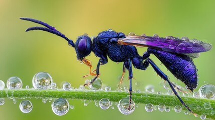 Brilliant blue wasp perched on a dewy blade of grass, illuminated by gentle light