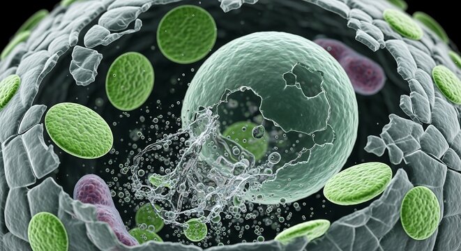 Advanced scientific visualization of a cellular event showing a protoplast rupturing and releasing its internal organelles