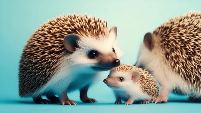 Cute baby and adult hedgehogs against blue background. Mother's Day, Mothering Sunday, Dia de la Madre - Global Maternal Celebration, Worldwide Family Holiday