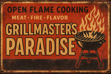 Vintage-style BBQ sign with flaming grill icon on rustic red background, concept of outdoor flame cooking. Vintage tin sign, emblem badge patch with retro design and distressed look