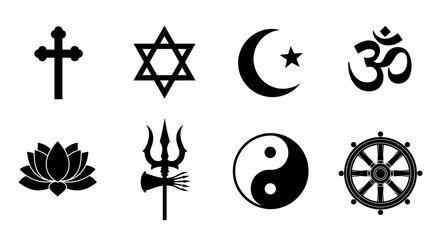 Diverse symbols representing various world religions in minimalist black and white