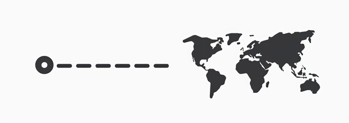 Simple graphic showing a filled circle connected by a dashed line to a simplified world map, suggesting global reach or connection