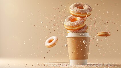 A digitally created image shows three sugar-coated donuts stacked atop a disposable coffee cup, with two more donuts and sprinkles falling around them against a muted beige background
