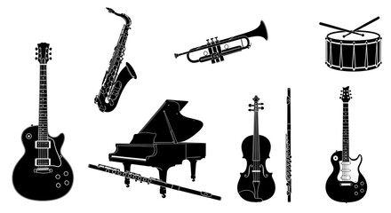 Fototapeta premium Musical instrument silhouettes arranged, showcasing diverse black and white instruments